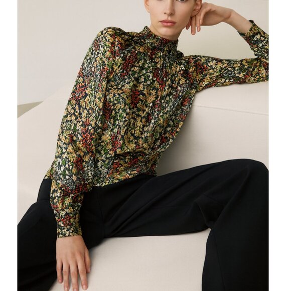 H&M Floral Long Sleeved High Neck Lightweight Blouse Navy Multi Womens Size XS - Picture 1 of 12